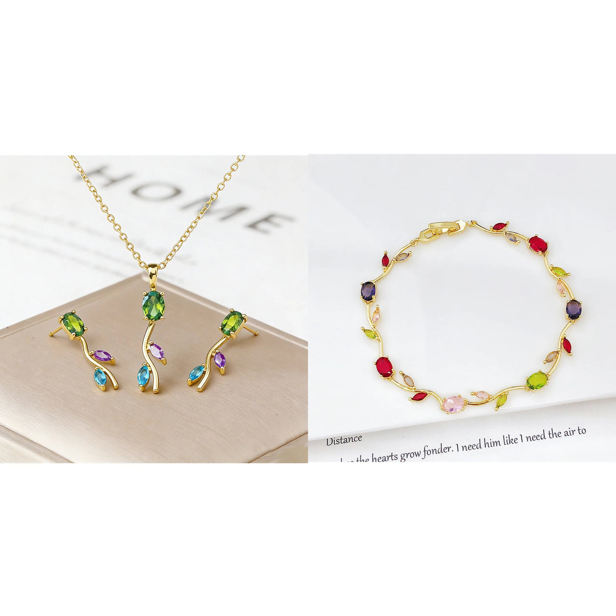 Set di Gioielli 3 Pezzi Lussuoso con Bracciale, Collana e Orecchini a Foglia, Vite e Fiore in Cristallo e Strass, Colorato e di Tendenza, per Donna, Regalo per Feste