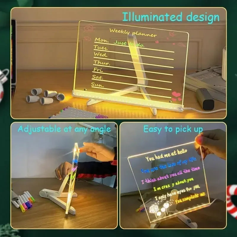 Acrylic Clear Light Up Drawing Board,Glow Erasable Memo LED Magic Board , Kids DIY Toys , with 7 Color Markers Pen and Stand