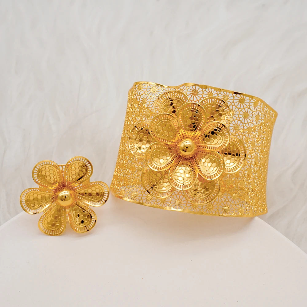 Bracciale color oro Dubai con anello per donna Bracciale con polsino a catena con ciondoli Bracciale indiano Arabo Francia Regali di gioielli da sposa