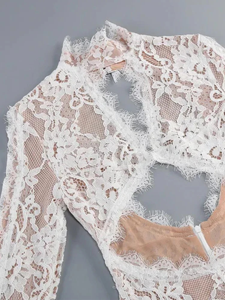 CNYISHE Abito da donna elegante e sexy con scollo a O, maniche lunghe, in pizzo traforato, vestito tubino attillato per serate e feste
