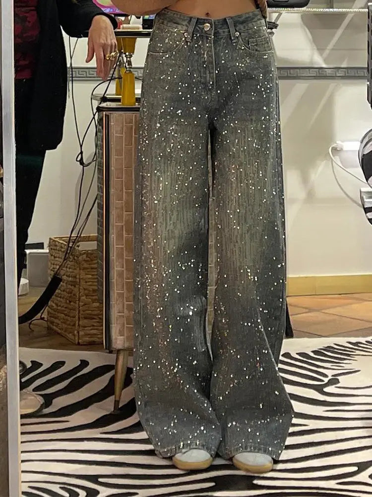 Pantaloni in denim con strass lavati americani retrò da donna estivi Pantaloni lunghi a gamba larga per ragazza piccante Millennium Heavy Duty Full Sky Star