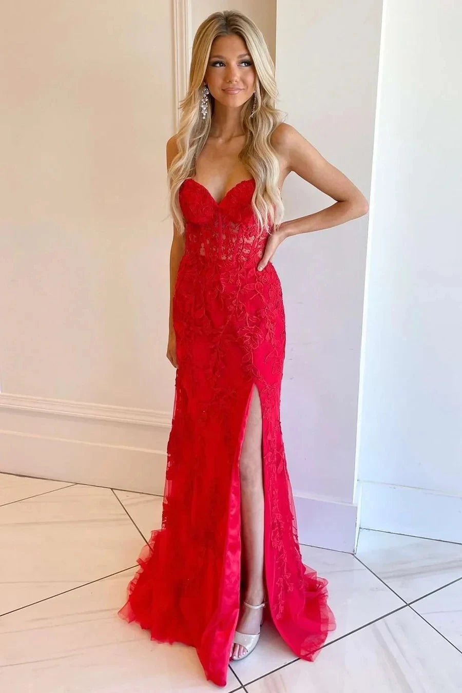 Abiti da Sera Personalizzati per Donne Stile Sirena con Spacco Laterale e Applicazioni, Abiti per Feste di Compleanno, Cerimonie e Occasioni Formali