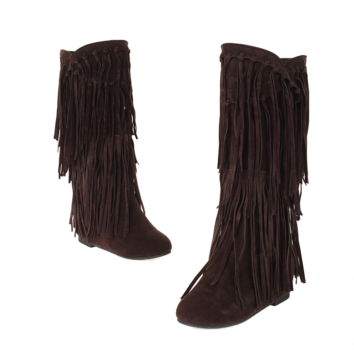 Scarpe da donna primavera e autunno moda nuovo stile Sexy stivali da donna al ginocchio floccato punta tonda frangia alta 3cm plus size 34-48