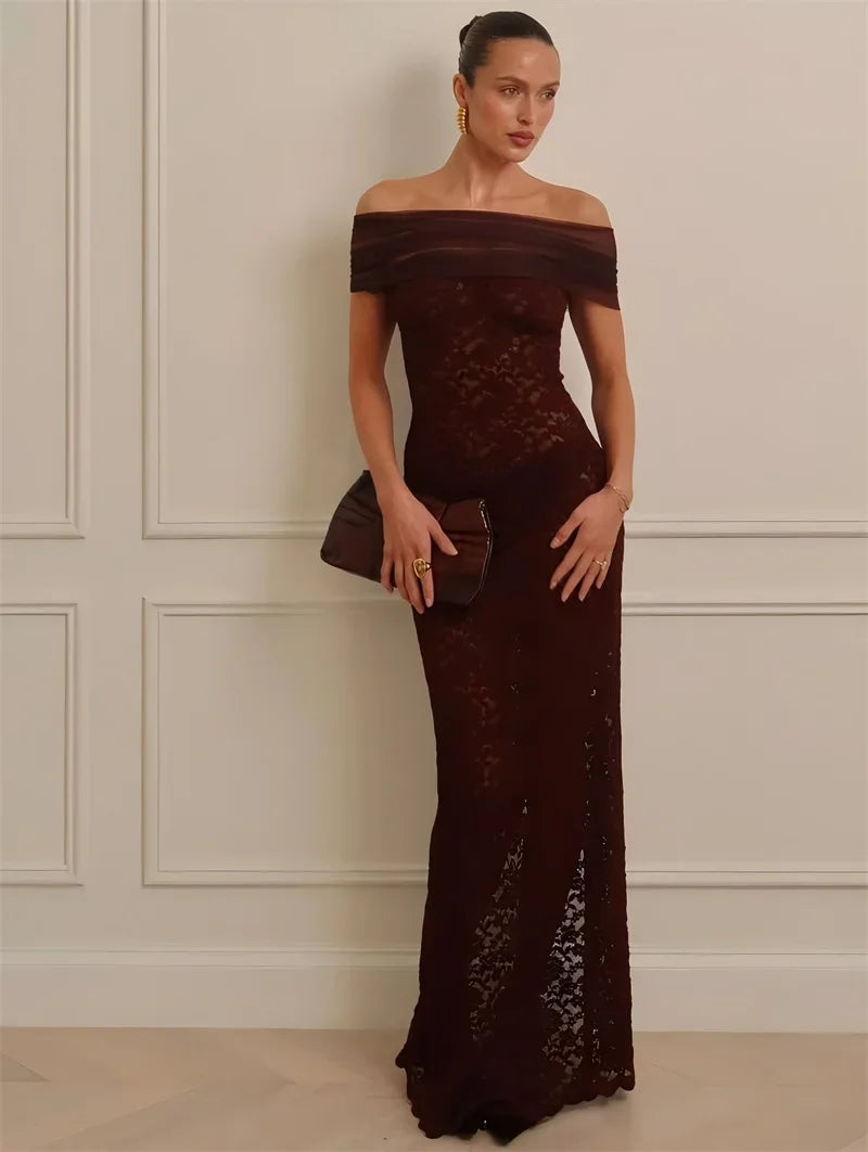 Abito lungo sexy senza schienale con spalle scoperte in pizzo Abito da donna Elegante abito da club aderente diviso senza spalline senza spalline