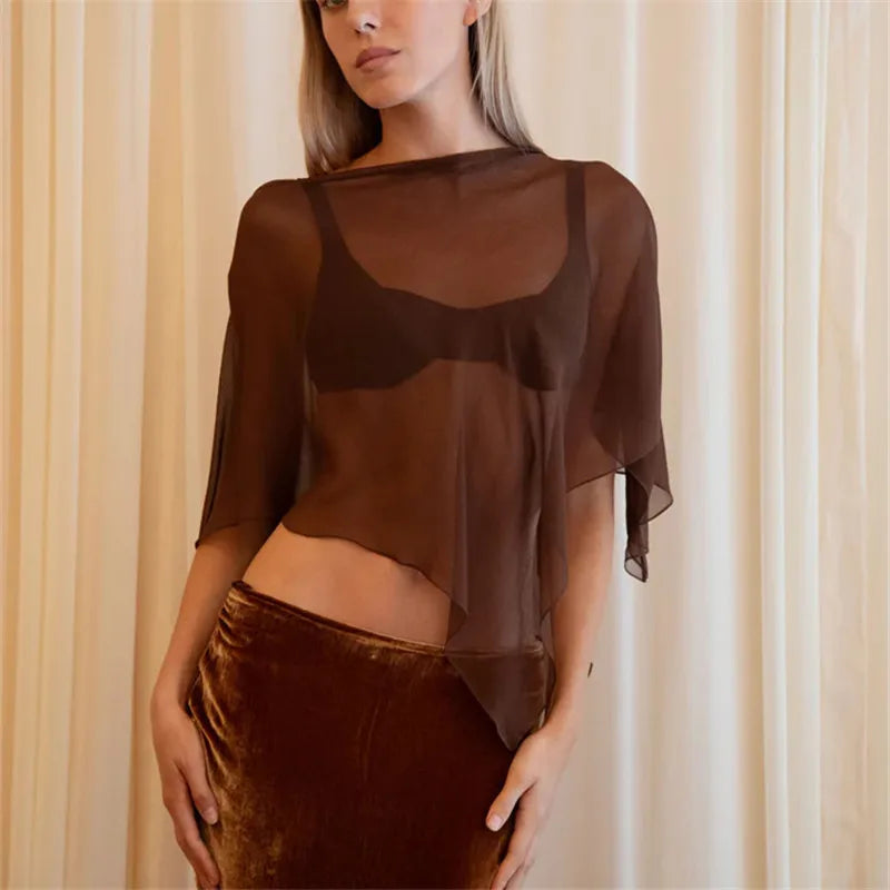 Poncho Trasparente per Donne, Scialle Asimmetrico in Rete, Mantella in Chiffon Trasparente, Copricostume per Abiti da Sera e Matrimoni