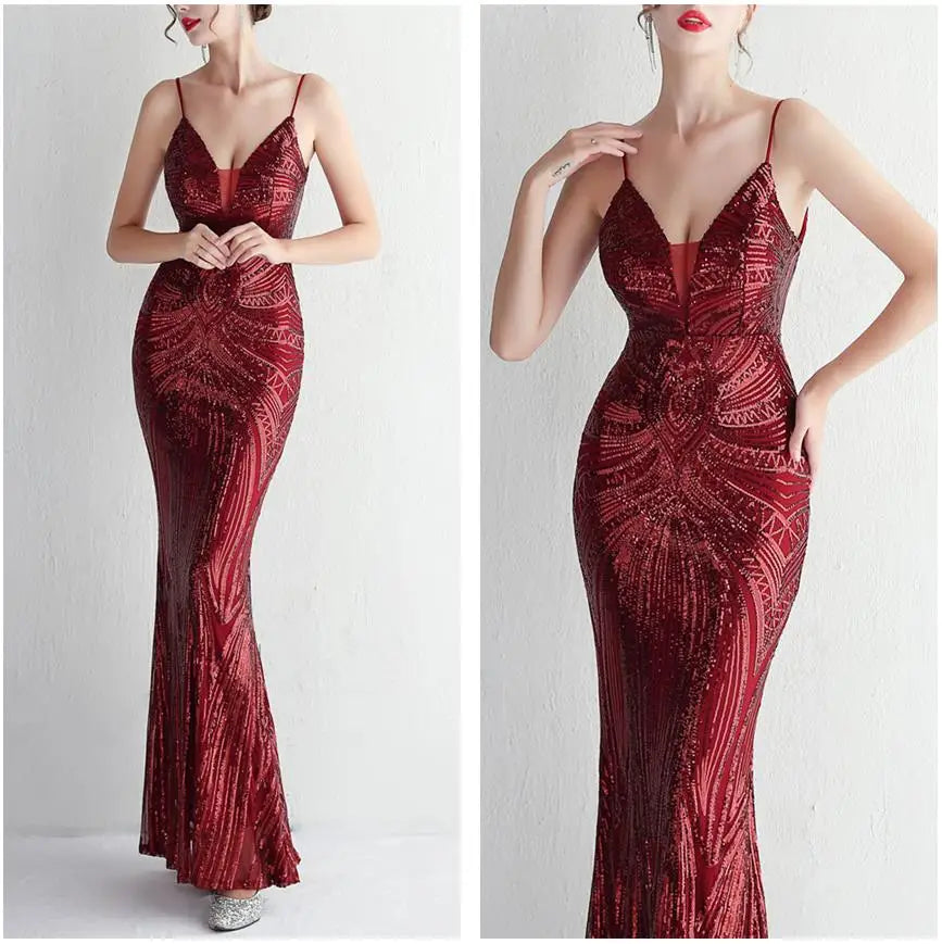 Abito da sera lungo nero semplice con paillettes, modello a sirena, spalline sottili, scollo a V, senza schienale, elegante per feste