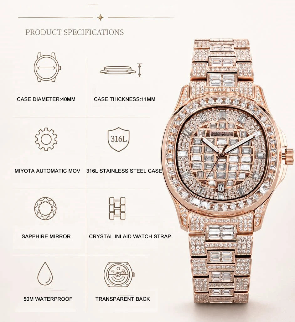 OBLVLO Orologio Automatico da Uomo 40mm Quadrato, Orologio da Polso Meccanico Impermeabile con Quadrante e Cinturino Incastonati di Cristallo, Vetro Zaffiro Luminoso