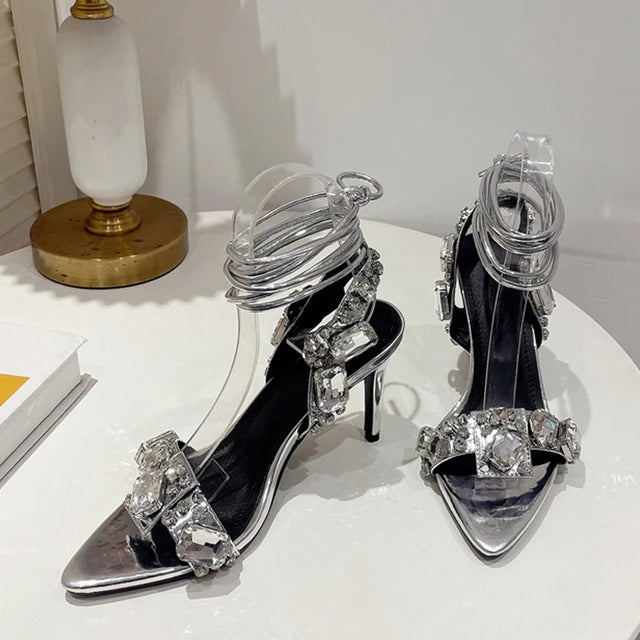 Scarpe da Donna Sexy con Cinturino alla Caviglia, Sandali Dorati per Feste e Discoteche, Tacchi da Spogliarellista, Scarpe da Sposa di Alta Qualità con Cristalli e Diamanti