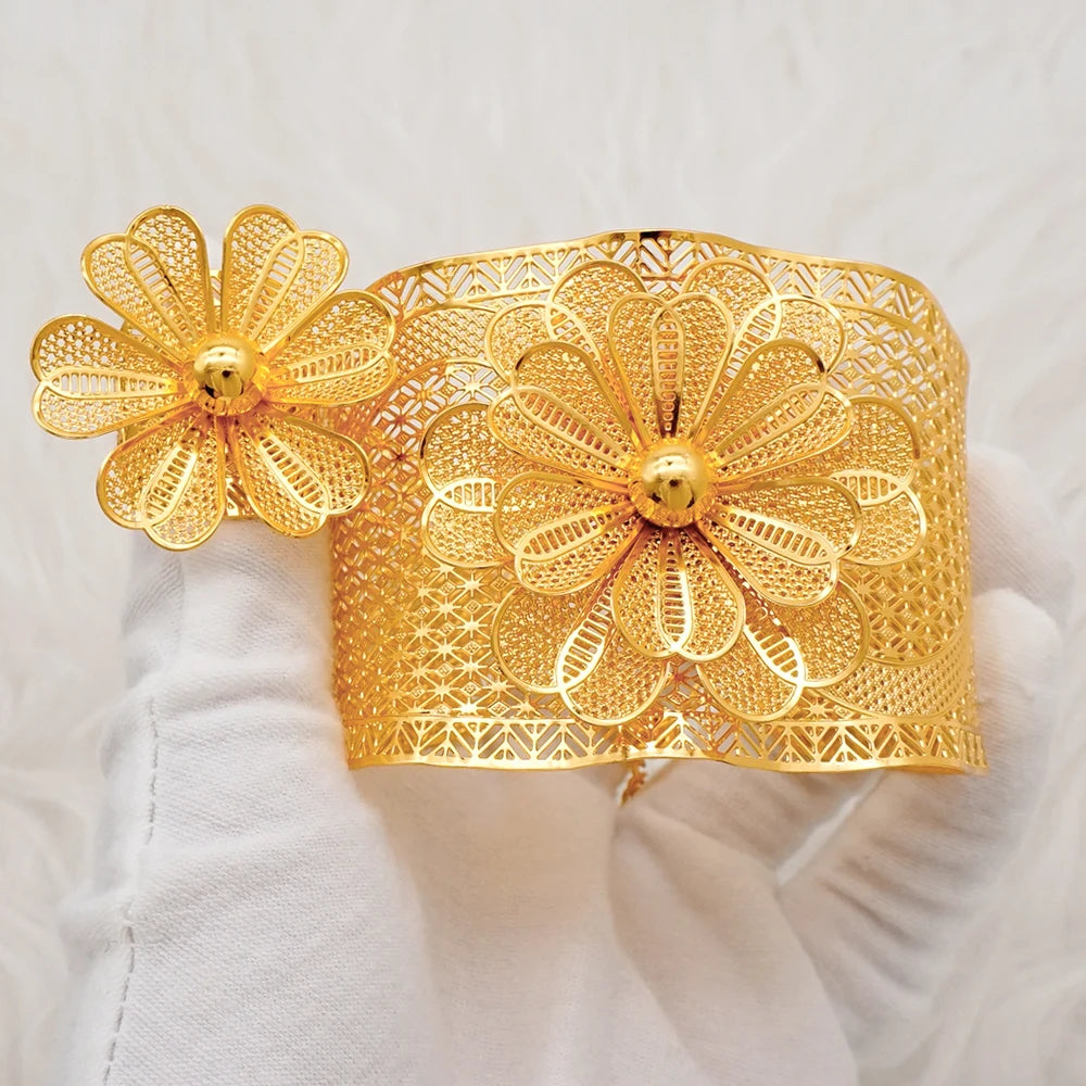 Bracciale color oro Dubai con anello per donna Bracciale con polsino a catena con ciondoli Bracciale indiano Arabo Francia Regali di gioielli da sposa
