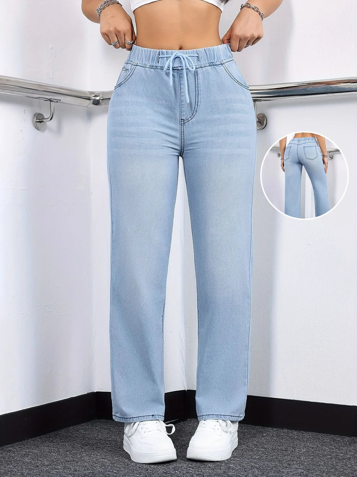 Jeans da donna di lusso alla moda 2026, casual, lavati, con coulisse, elasticizzati, a gamba dritta, stile Y2K streetwear, abbinabili a tutti gli outfit quotidiani
