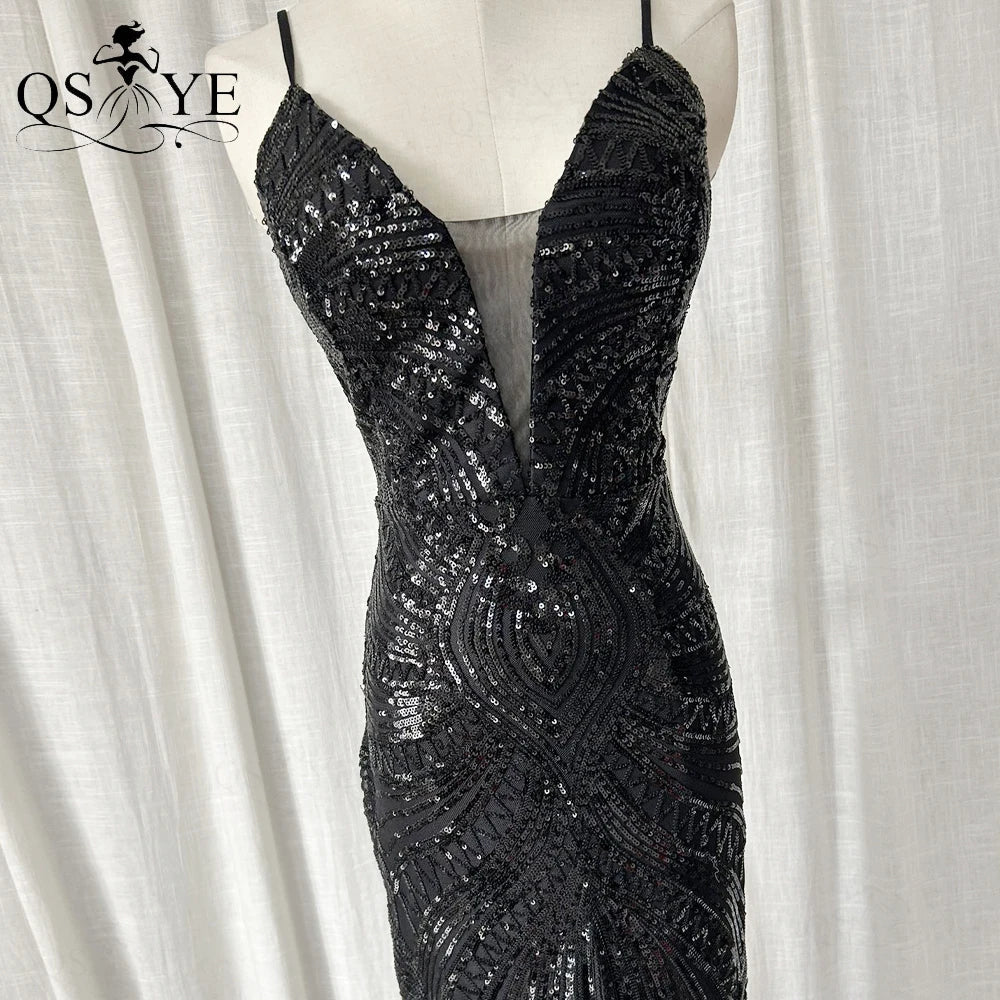 Abito da sera lungo nero semplice con paillettes, modello a sirena, spalline sottili, scollo a V, senza schienale, elegante per feste