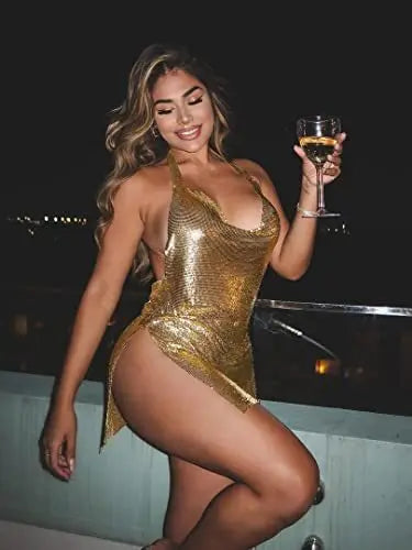 Mini abito aderente sexy per donna Bling Glitter Evening Prom Donna Halter Spacco laterale Backless Party Club Abiti estivi