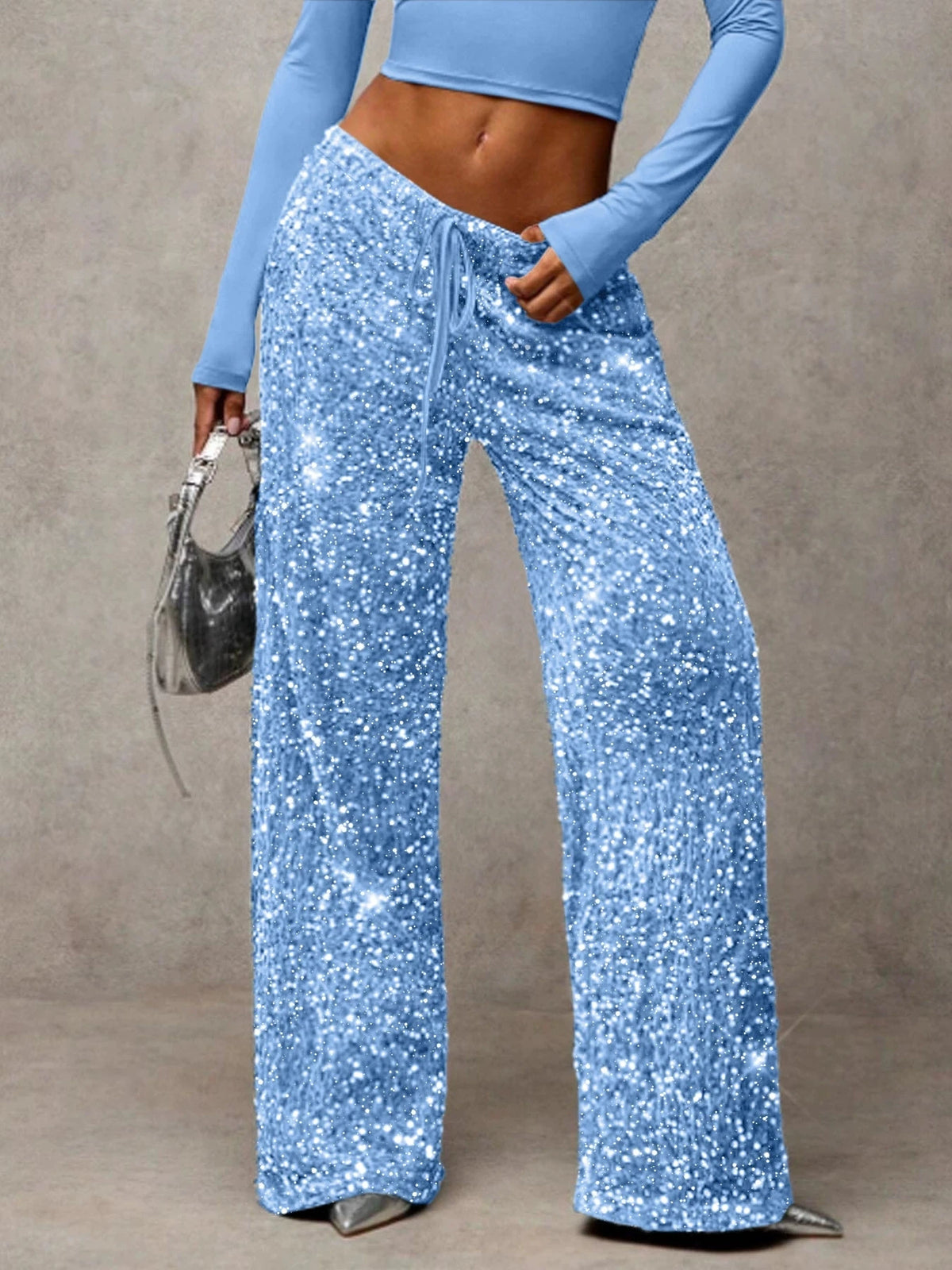 Pantaloni da donna in stile euro-americano con paillettes, coulisse alla moda, effetto snellente, nuovi, elastici, a gamba dritta.