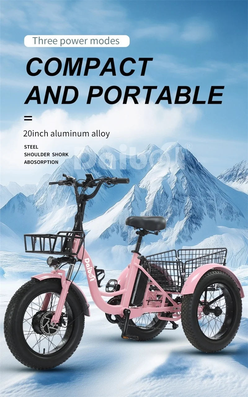Triciclo eléctrico para adultos 3 ruedas 500W 48V Fat Tire Bicicleta eléctrica de carga para damas Batería extraíble impermeable y antirrobo