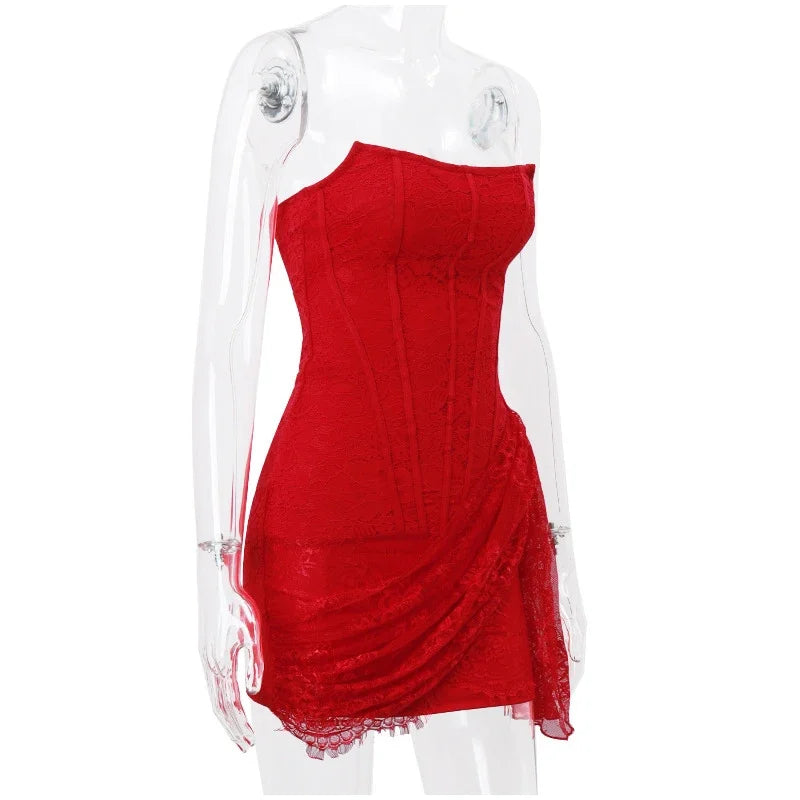 Nuovo abito sexy senza spalline in pizzo bianco per le donne 2024 abiti eleganti abito da sera aderente mini abiti estivi abiti sottili