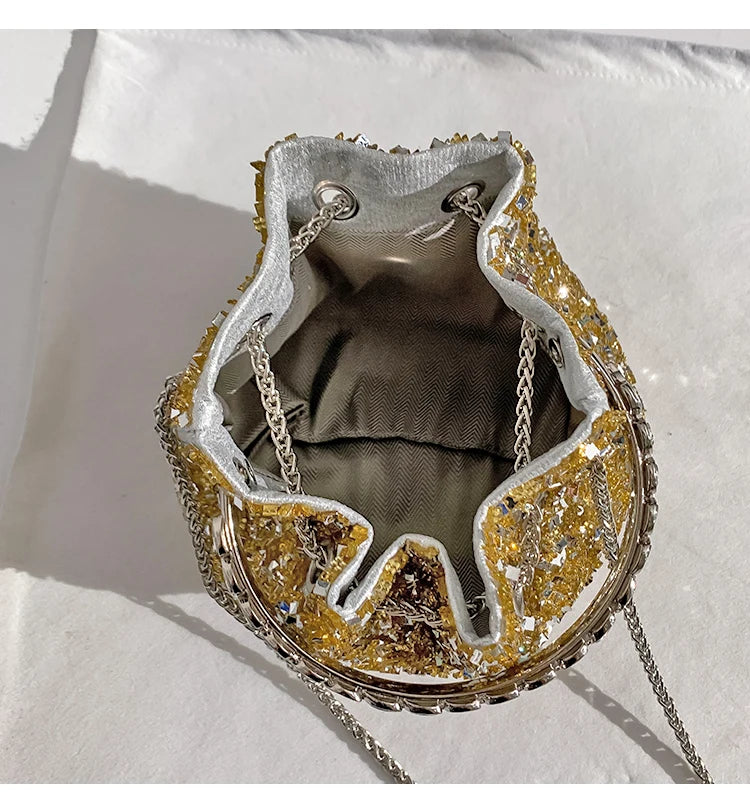 Borsa a mano da donna di lusso in metallo con paillettes scintillanti, pochette da sera, borsa a secchiello per feste di matrimonio, borsa a tracolla messenger