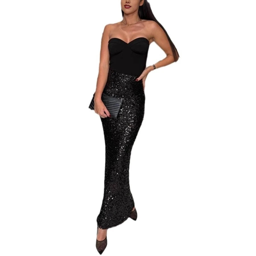 Nuova gonna di media lunghezza con paillettes da discoteca a vita alta elastica alla moda per le donne