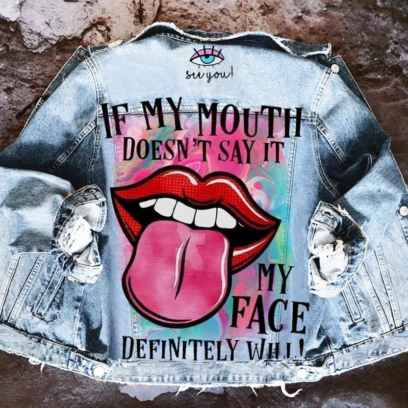2024 autunno delle donne nuova vendita calda Street INS Net Red con la stessa ragazza giocosa Tongue Out Print Pattern giacca di jeans con risvolto