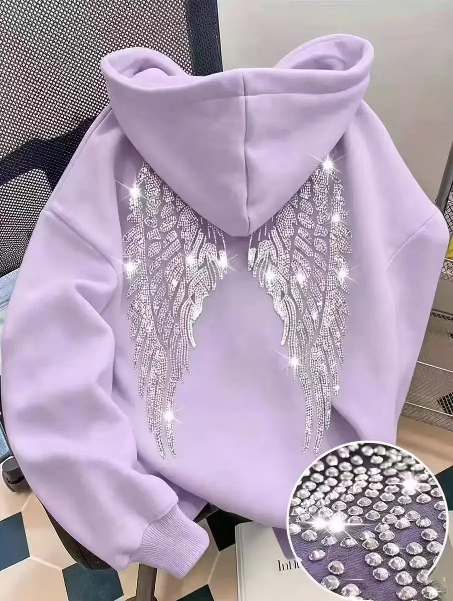 Felpa con cappuccio casual e ampio, design minimalista di tendenza 2026 con ali e strass, giacca pullover