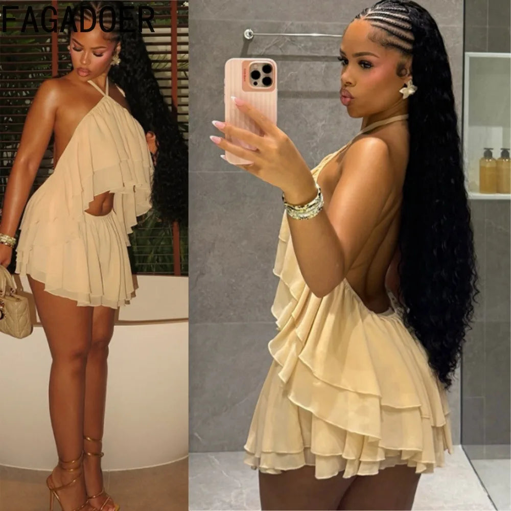 FAGADOER Completo da Donna Sexy con Volant e Collo all'Americana, Top Corto e Minigonna Senza Schiena, Outfit Estivo per Vacanze al Mare e Feste in Spiaggia