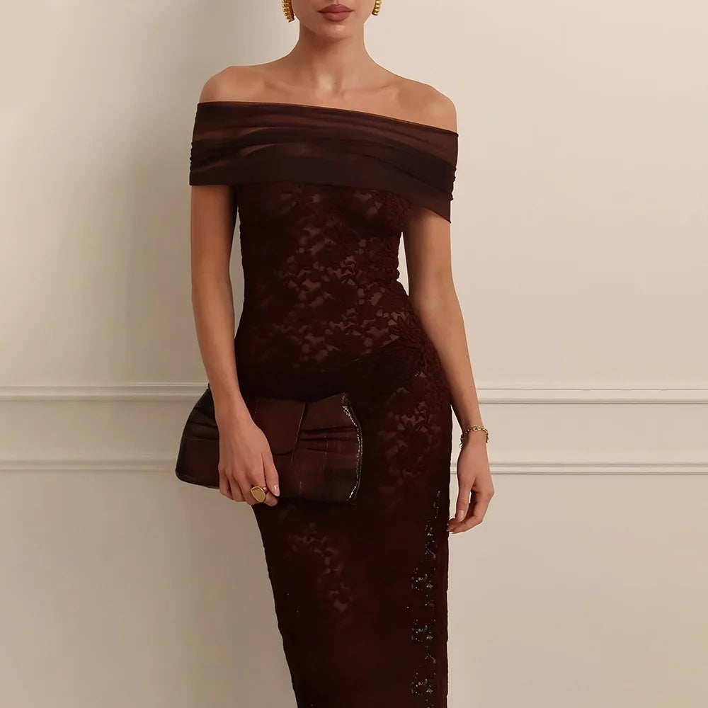 Apprabant Donne 2025 Nuovo Off Spalla Sirena Abito Da Sera Sexy Sheer Lace Patchwork Maglia Sottile Abito Lungo Elegante Partywear