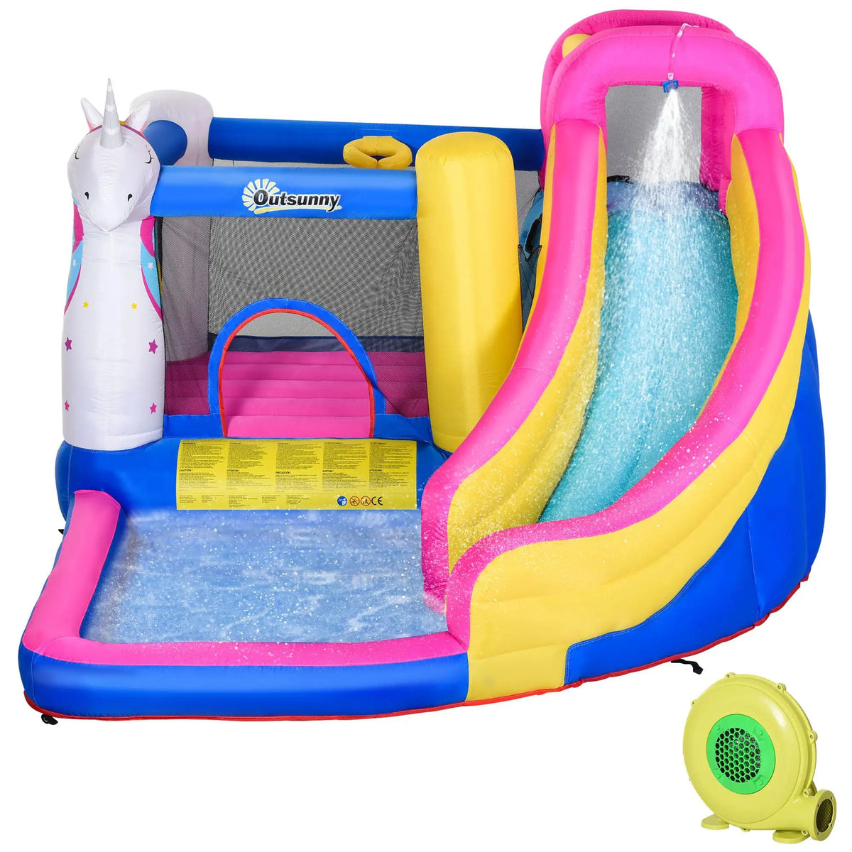 Castillo hinchable unicornio con soplador, tobogán, piscina y canasta de baloncesto 360x305x210cm