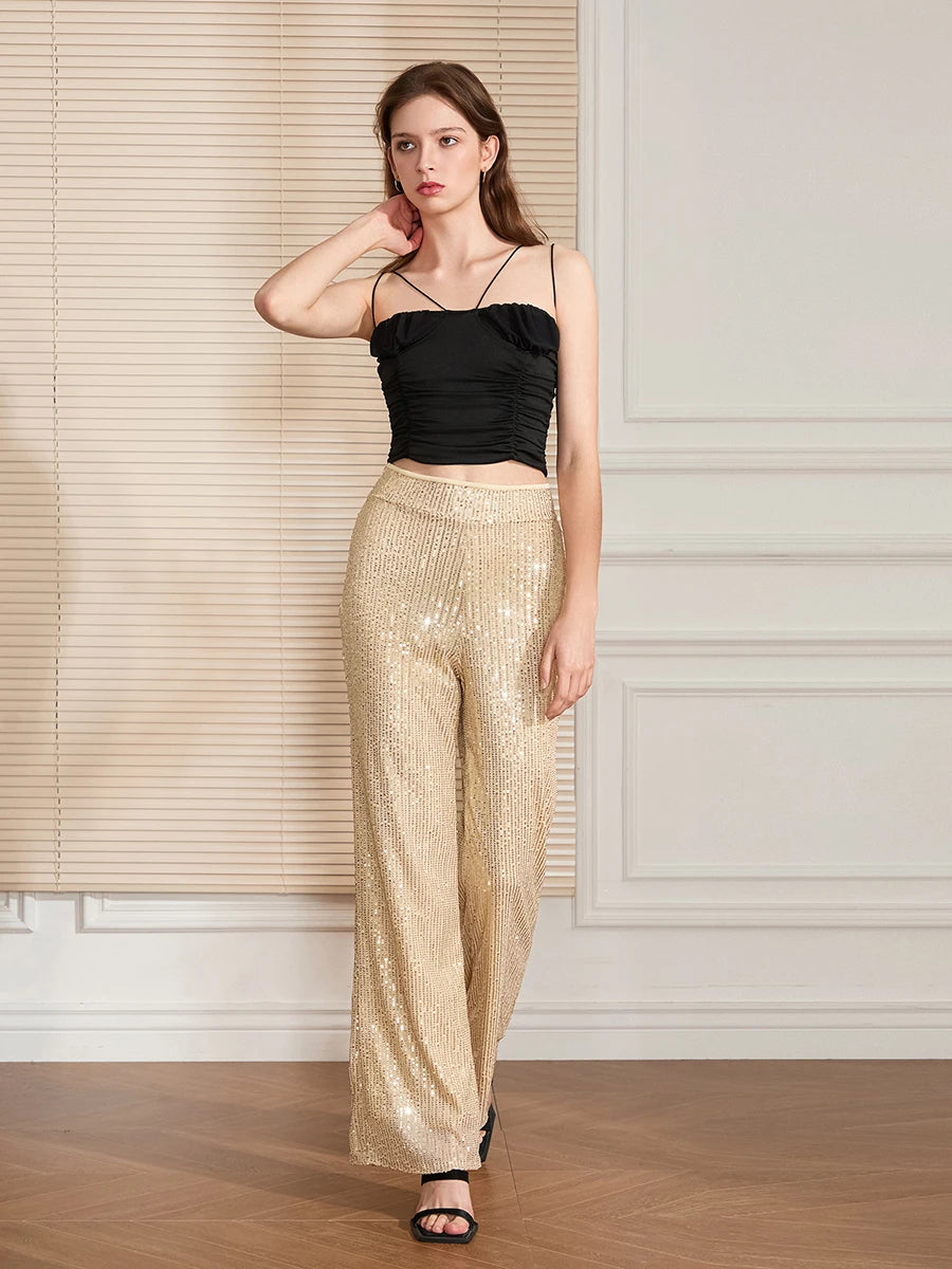 Pantaloni da donna alla moda con paillettes Pantaloni lunghi larghi a gamba larga a vita alta per streetwear da festa in club