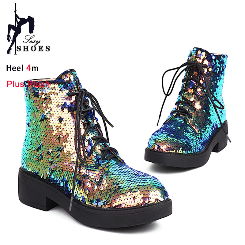 Donna Autunno Inverno Stivaletti 2024 Tendenza Comfort Casual Hip-Hop Scarpe da ballo con paillettes Club Party Donna Stivaletti stringati
