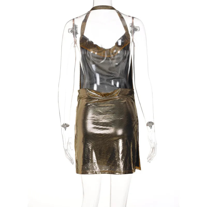 Abito corto elegante da donna sexy e alla moda con collo appeso, fondo senza schienale, abito da ballo per ragazza da festa con paillettes sul petto