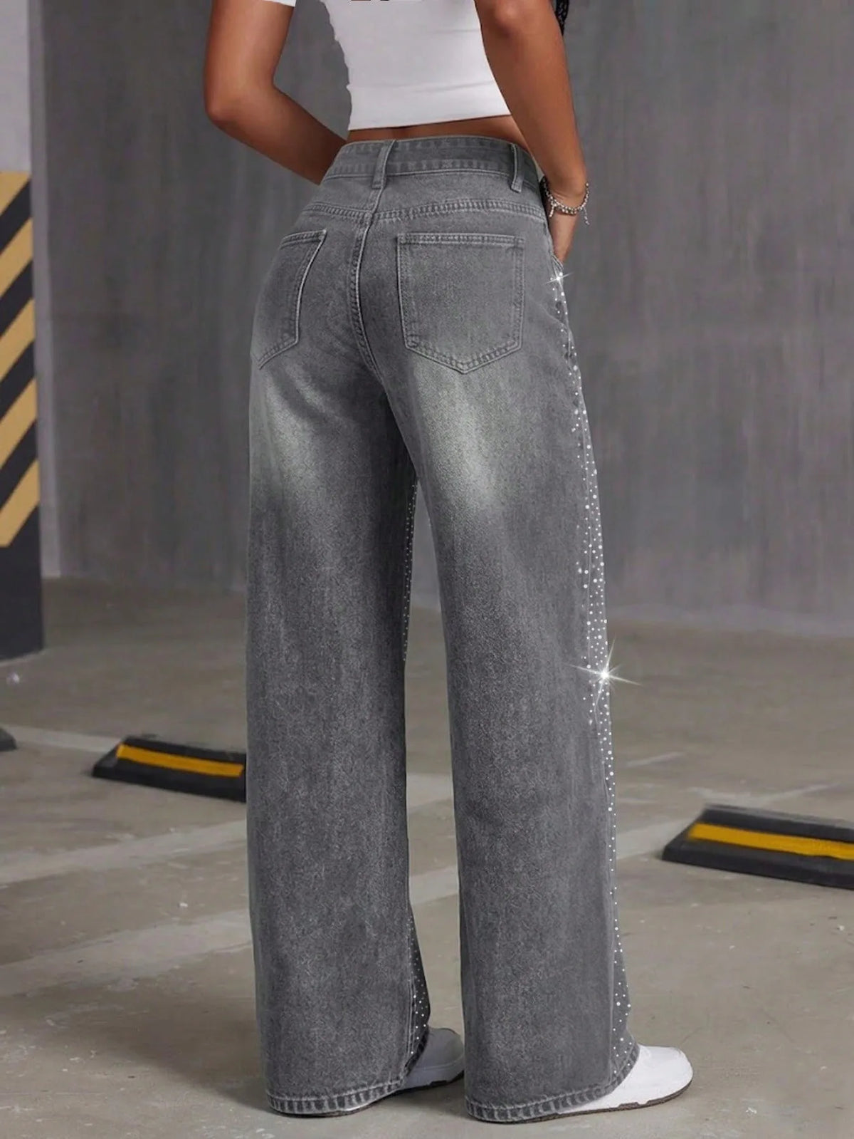 Jeans a Gamba Dritta con Strass Grigi, Pantaloni Lunghi e Larghi, Comodi e Casual in Stile Coreano, Jeans in Denim di Cotone