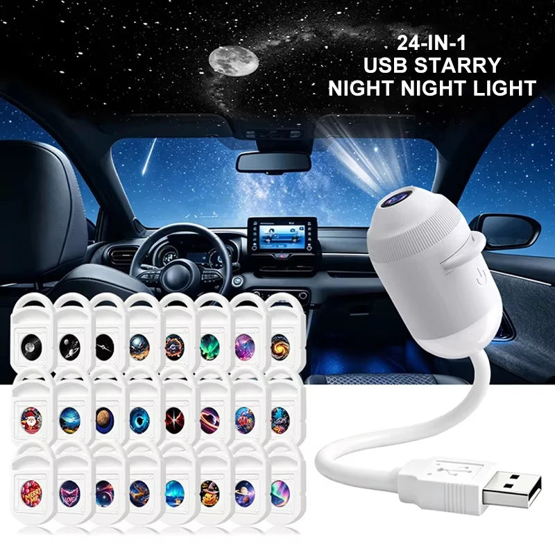 USB Starry Sky Projector Night Light 360° Adjustable Galaxy Atmosphere Lamp for Car Interior Home Bedroom Romantic Nightlight
