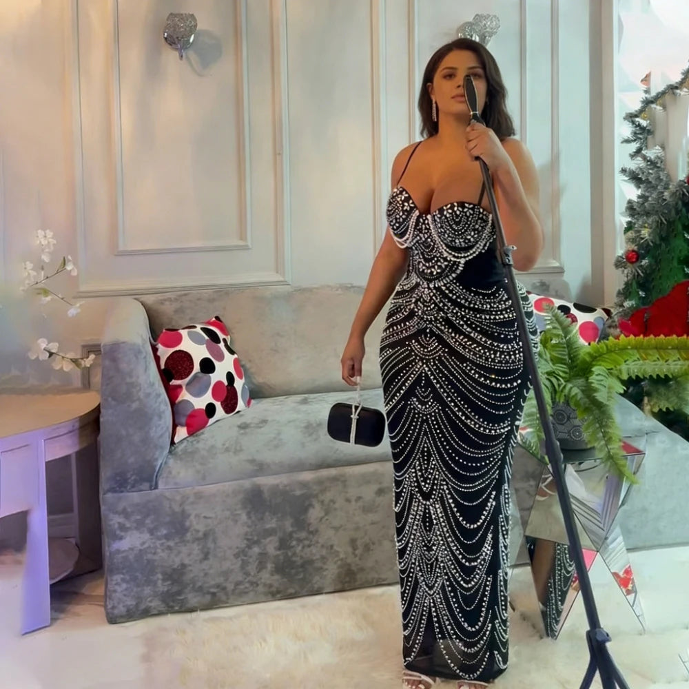 Nuovo Abito di Lusso con Cristalli Scintillanti e Perle, Vestito Marrone da Celebrità con Spalline per Feste Serali, Compleanni, Balli di Gala e Matrimoni