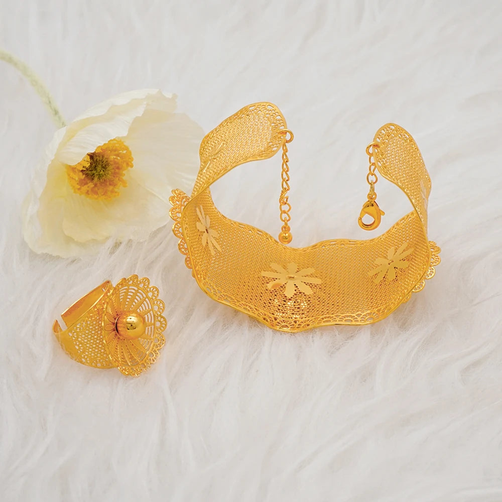 Bracciale color oro Dubai con anello per donna Bracciale con polsino a catena con ciondoli Bracciale indiano Arabo Francia Regali di gioielli da sposa