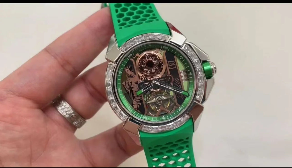 Orologio Meccanico Automatico Sportivo con Quadrante Scheletrato, Ghiera Verde e Cinturino in Silicone