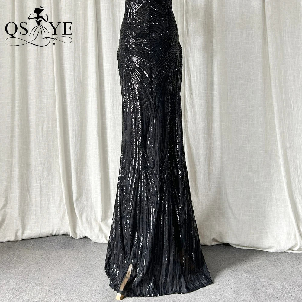 Abito da sera lungo nero semplice con paillettes, modello a sirena, spalline sottili, scollo a V, senza schienale, elegante per feste