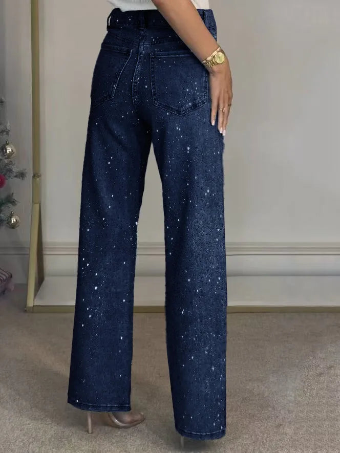Pantaloni jeans con strass lucidi Pantaloni dritti in denim con diamanti da donna sexy a vita alta eleganti da night club