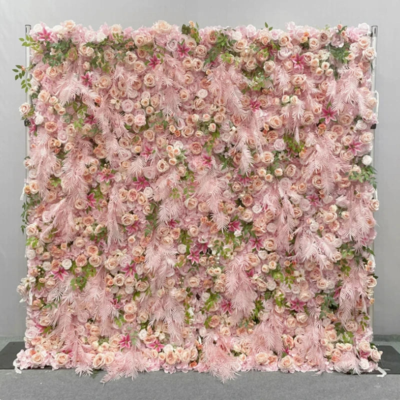 New 5D pink Feather Fabric Flower Wall Wedding Backdrop Decor Cloth Green Plants Wall Birthday Party Event Props Window Display
