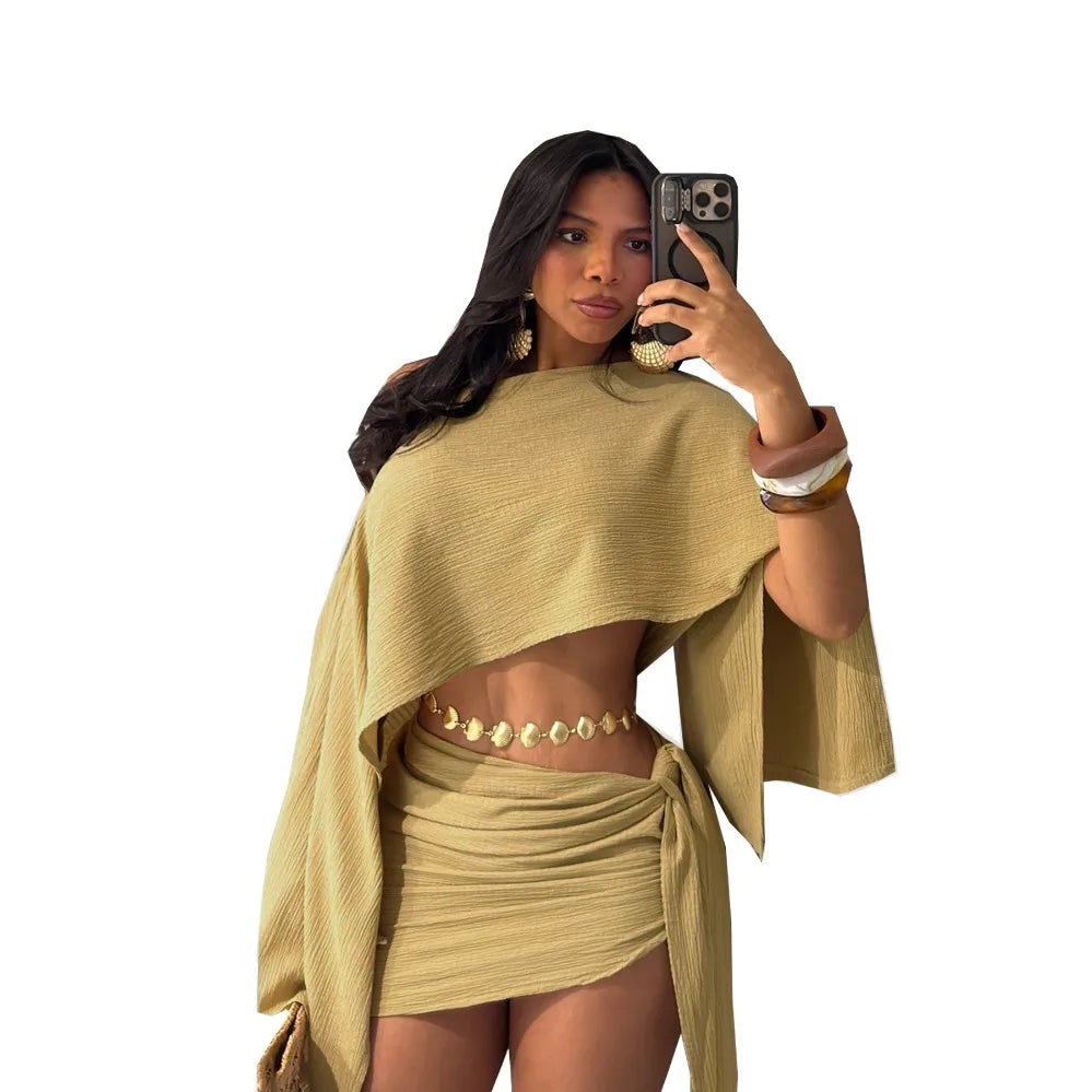 Set da 2 Pezzi per Donna, Elegante Completo da Spiaggia, Minigonna Sexy dal Design Chic, Top Corto Traspirante con Spalle Scoperte e Gonna Avvolgente