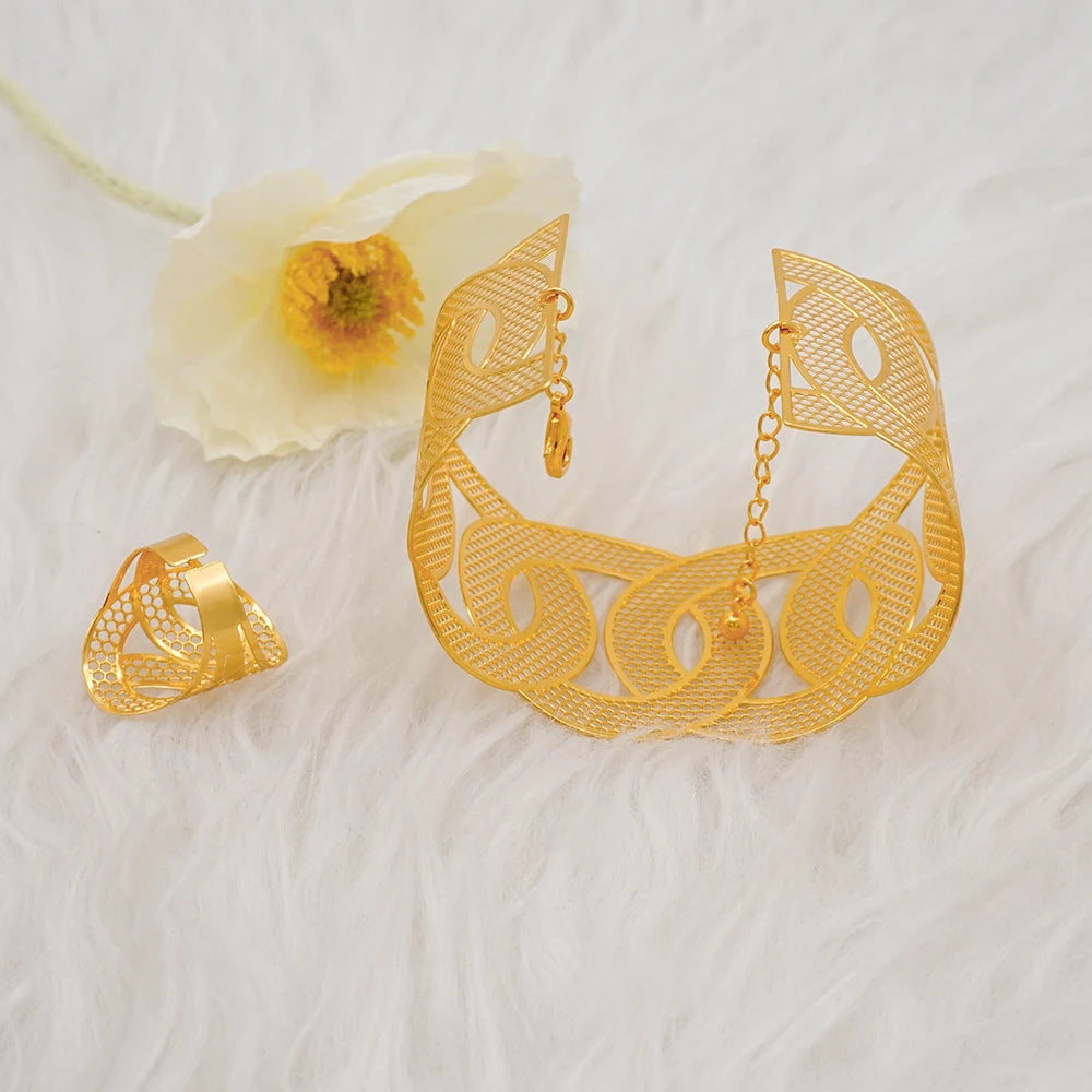 Bracciale color oro Dubai con anello per donna Bracciale con polsino a catena con ciondoli Bracciale indiano Arabo Francia Regali di gioielli da sposa
