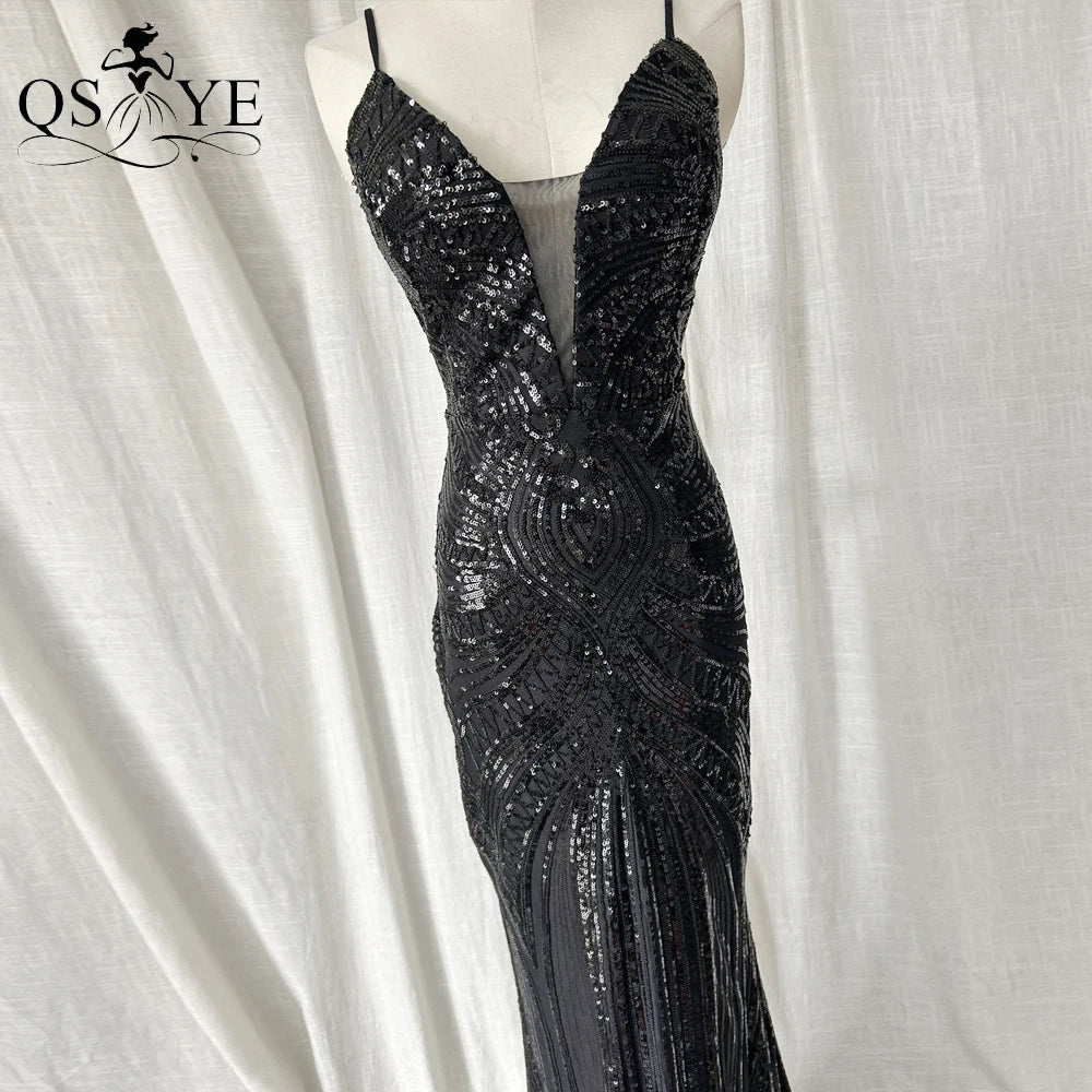 Abito da sera lungo nero semplice con paillettes, modello a sirena, spalline sottili, scollo a V, senza schienale, elegante per feste