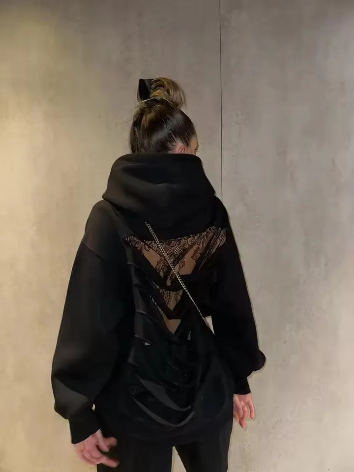 Felpa con cappuccio con strass e rivetti con ali d'angelo alla moda da donna gotica Y2K Abbigliamento Felpa oversize allentata casual Giacca pullover casual