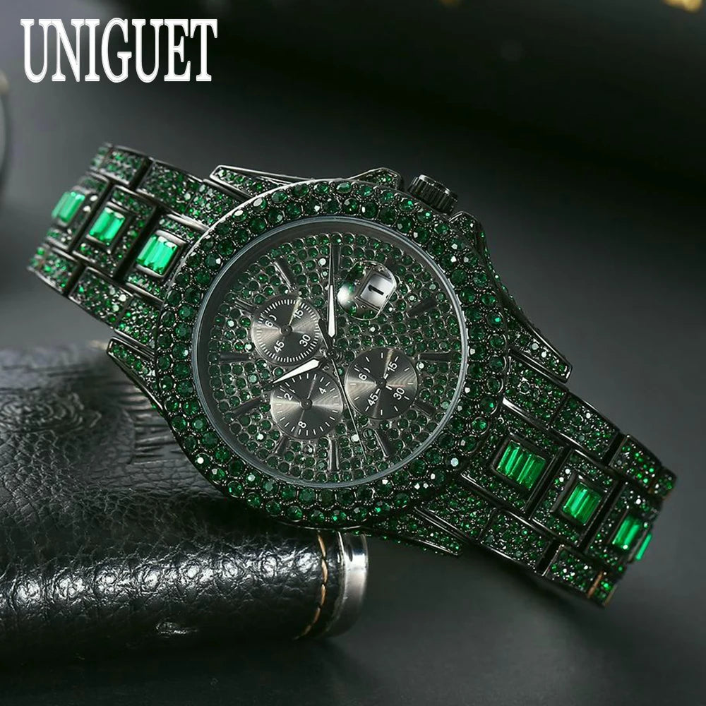 Vendita calda orologio rosso ghiaccio per uomo marchio di moda UNIGUET Hip Hop pieno di diamanti gioielli in acciaio inossidabile di lusso orologio da polso al quarzo uomo