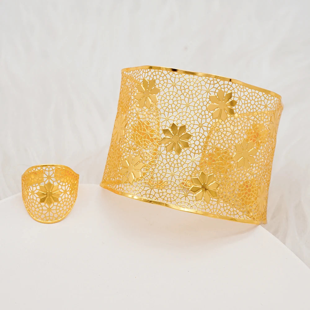 Bracciale color oro Dubai con anello per donna Bracciale con polsino a catena con ciondoli Bracciale indiano Arabo Francia Regali di gioielli da sposa