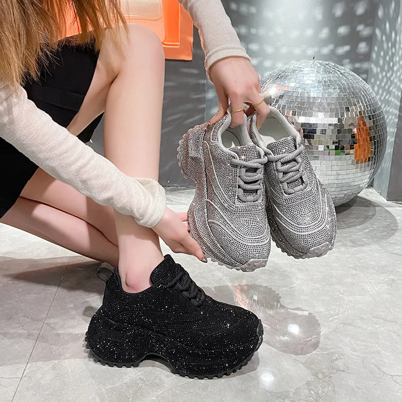 Nuove Scarpe Sportive Casual da Donna con Suola Spessa e Decorazioni in Diamanti, Design Elegante e alla Moda