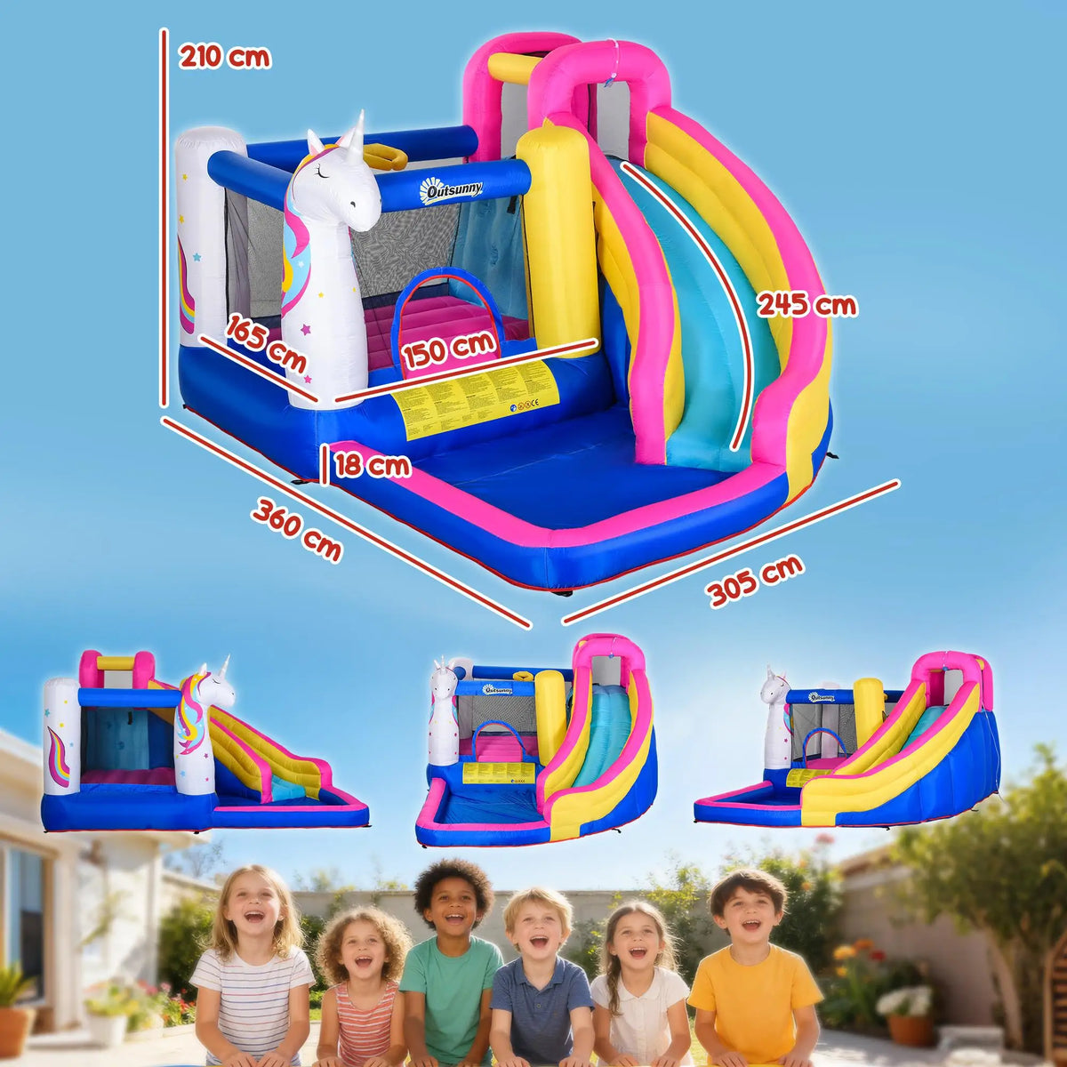 Castillo hinchable unicornio con soplador, tobogán, piscina y canasta de baloncesto 360x305x210cm