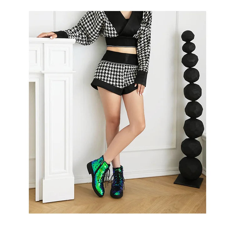 Donna Autunno Inverno Stivaletti 2024 Tendenza Comfort Casual Hip-Hop Scarpe da ballo con paillettes Club Party Donna Stivaletti stringati