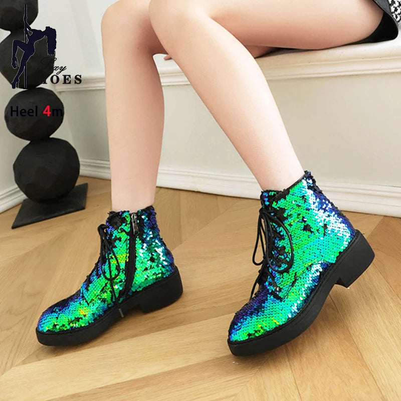 Donna Autunno Inverno Stivaletti 2024 Tendenza Comfort Casual Hip-Hop Scarpe da ballo con paillettes Club Party Donna Stivaletti stringati