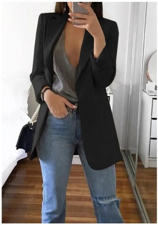 Blazer da Donna 2026 Nuovi Modelli a Maniche Lunghe Bianco Nero, Giacca Slim con Colletto a Risvolto, Blazer Femminile Q5596