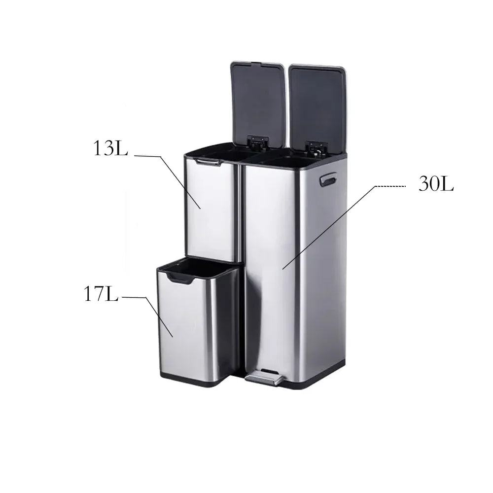 60L Triple Compartment Stainless Steel Recycling Bin with Pedal Press Button on Top Kitchen Trash Bin Recycle Bin