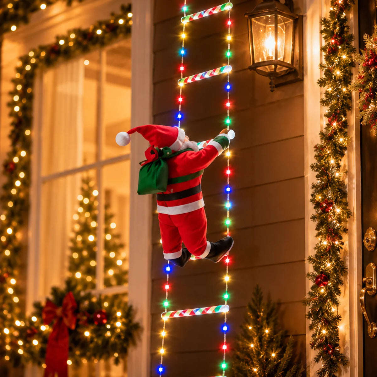 USB Christmas Ladder Lights with Climbing Santa, 8 Modes, Warm White/Colorful, 8/12 Rung LED Holiday Decor